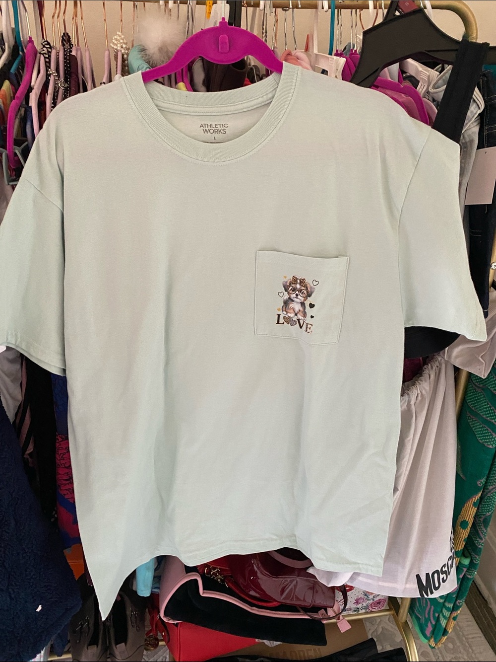 Athletic Works Light Mint Short Sleeve Tee with Puppy Pocket Graphic